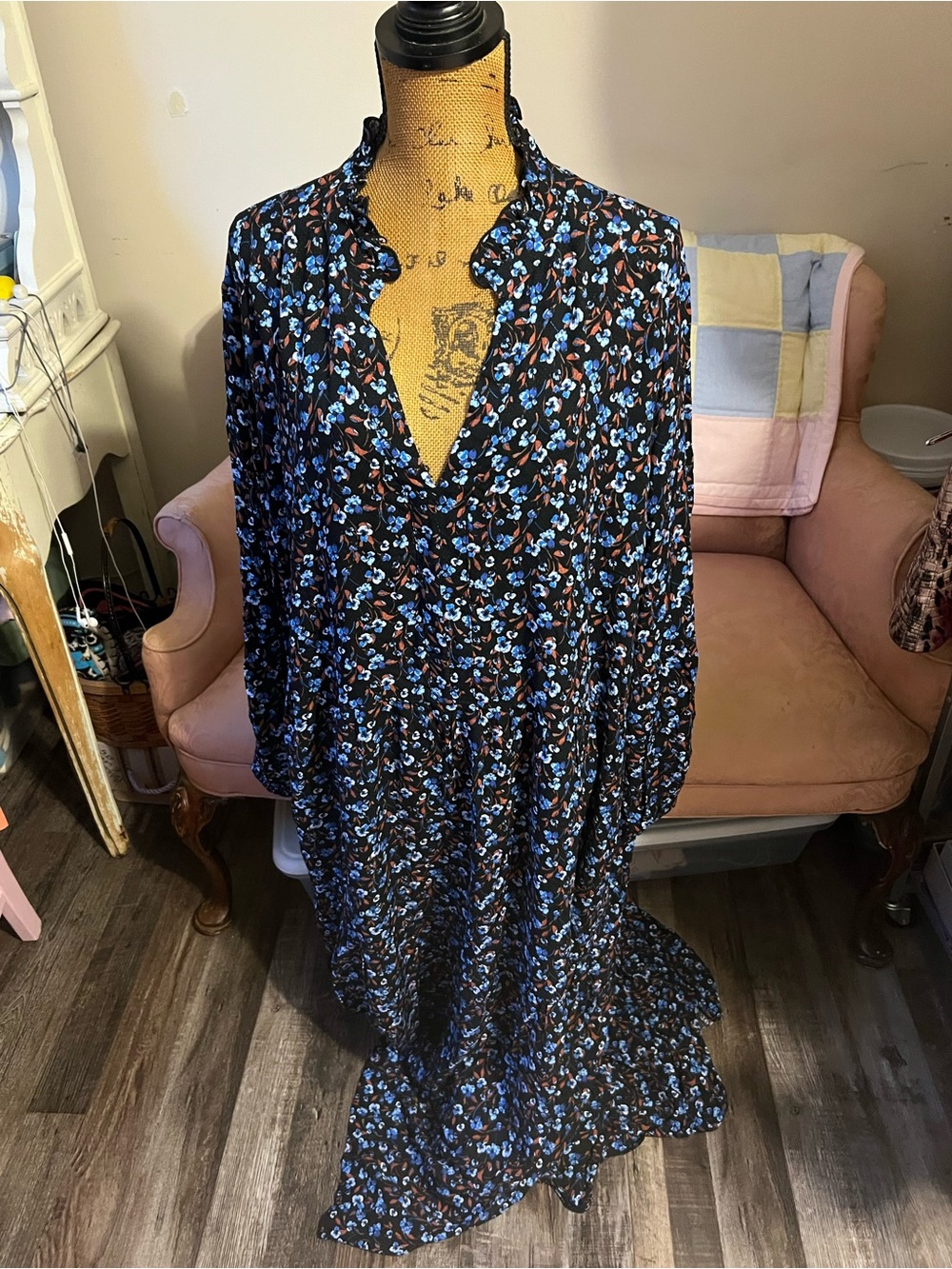 Time and Tru Black Maxi Dress with Blue and Rust Floral Print